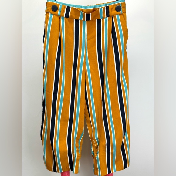 ZARA Mustard yellow and navy stripe elastic waist crop pants size L - Picture 2 of 13